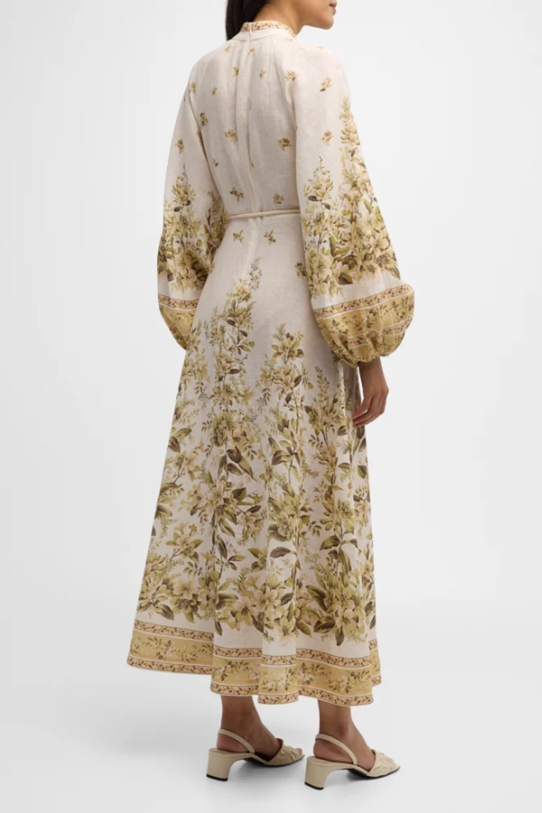 Golden Floral Long Sleeve Buttoned Linen Dress