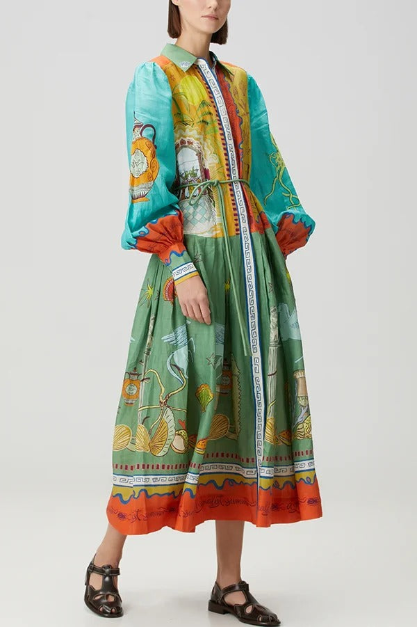 Puts A Smile – Midikleid mit einzigartigem Print, Revers und Laternenärmeln sowie Taillenschnürung