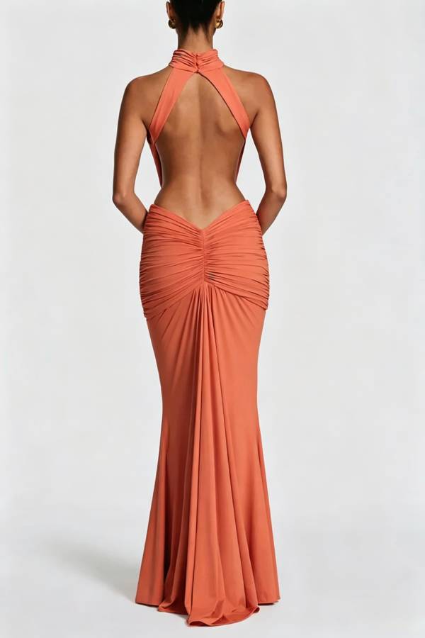 Thekla Stretch Slinky Jersey High Neck Ruched Backless Drape Maxi Dress