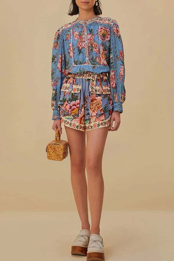 Wonderful Bouquet Floral Print Long Sleeve Blouse and Elastic Waist Pocketed Shorts Set