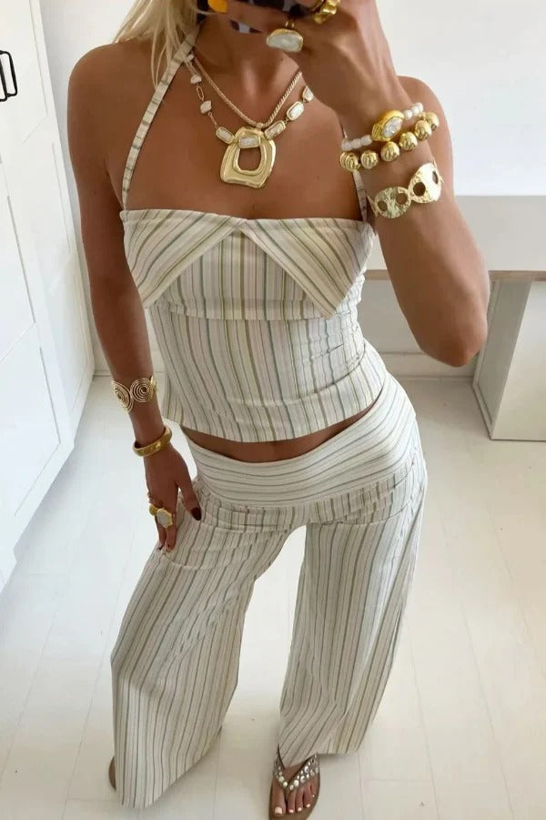 Striped Halter Top and Wide-leg Pants Set