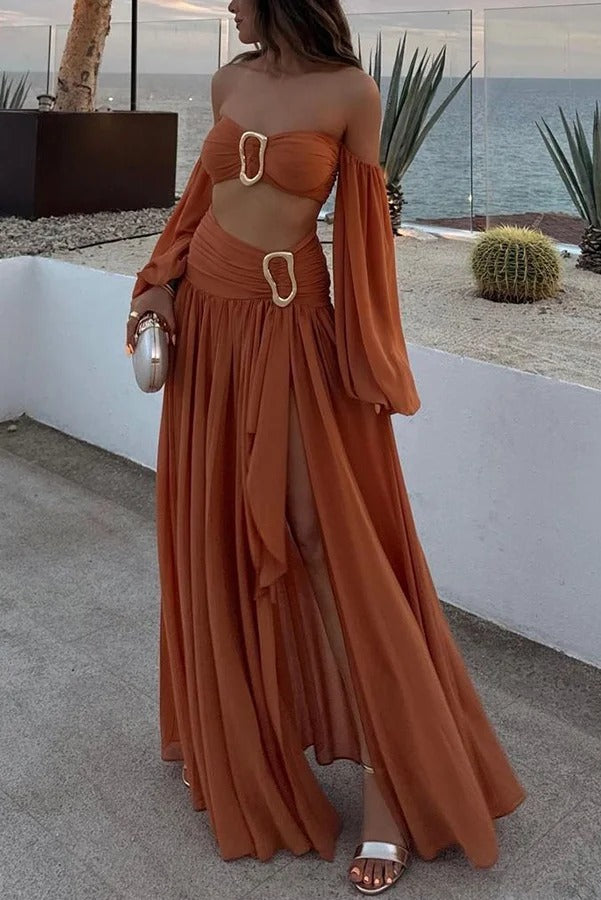 Vacation Chic Chiffon High Rise Flowy Asymmetrical Drape Maxi Skirt Set