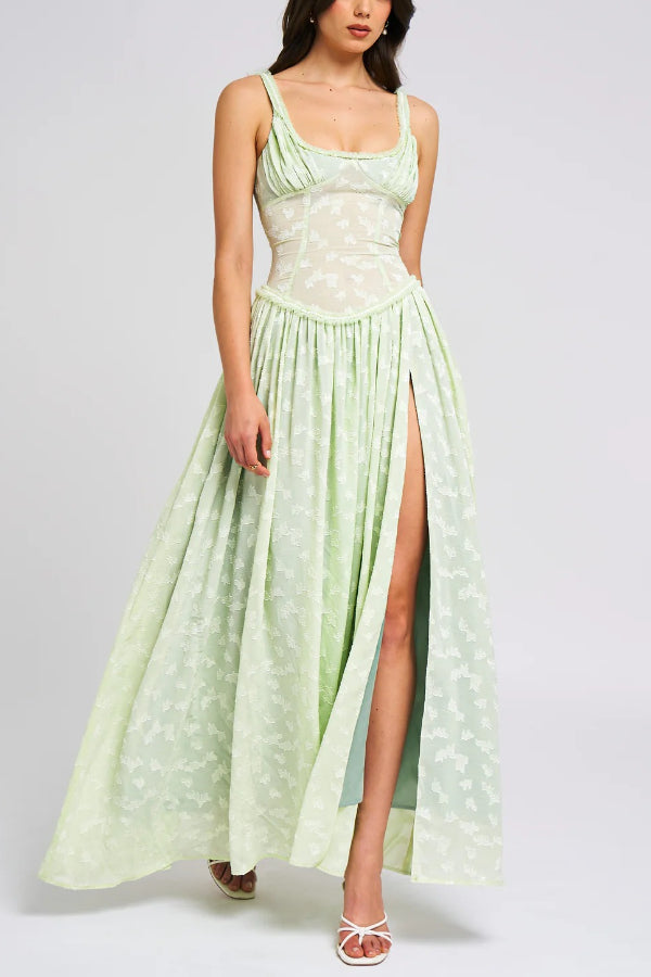 Ulissa Light Green Square Neck Jacquard Textured High Slit Maxi Dress