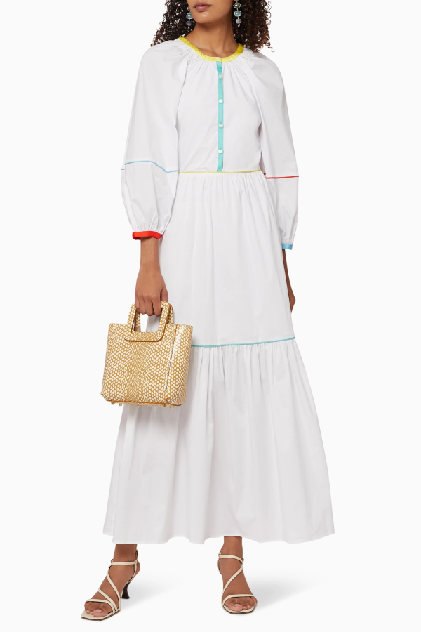 White Cotton Poplin Puff Sleeve Loose Mid-length Dress