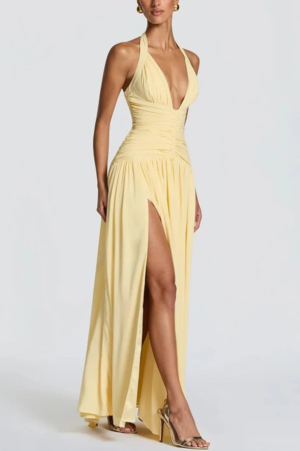 Amaris Halter Tie-up V-neck Ruched Detail Back Lace-up Slit Drape Maxi Dress