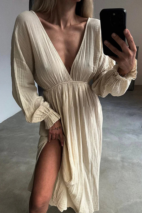 Casual V-neck Slit Cotton and Linen Dress