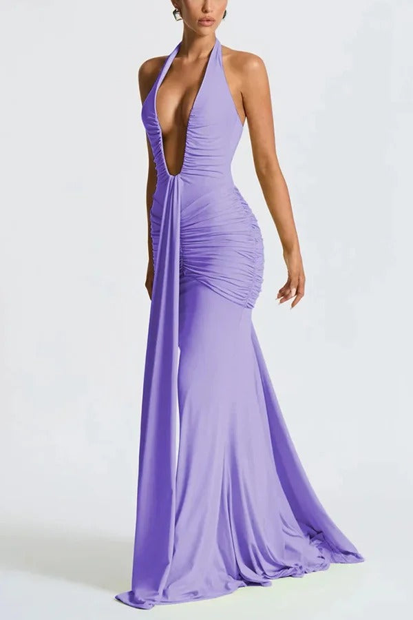 Solid Color Elegant Halterneck V-neck Open Back Tie Gathered Maxi Dress