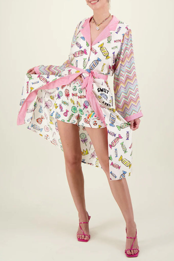 Sweet As Candy Unique Print Patchwork Belt Pocketed Long Shirt Coat