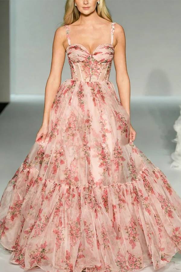 Danah Tulle Floral Print Corset Sweetheart Neck A-line Gown Maxi Dress