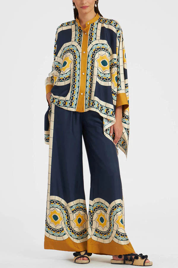 Stylish Unique Printed Irregular Loose Top and Elastic Waist Pocket Wide Leg Pants Set