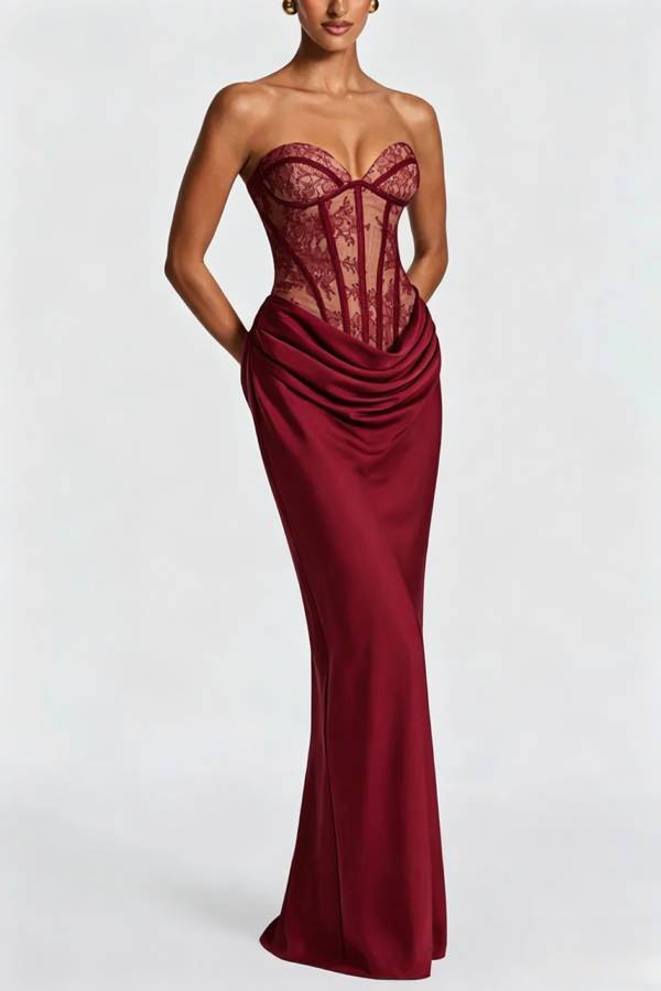 Kathleen Floral Lace Contrast Structural Detail Back Lace-up Satin Hem Strapless Maxi Dress