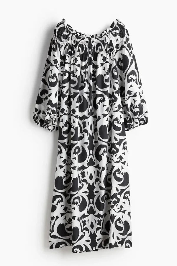 Chrissa Unique Print Elastic Off Shoulder Balloon Sleeve Loose Maxi Dress