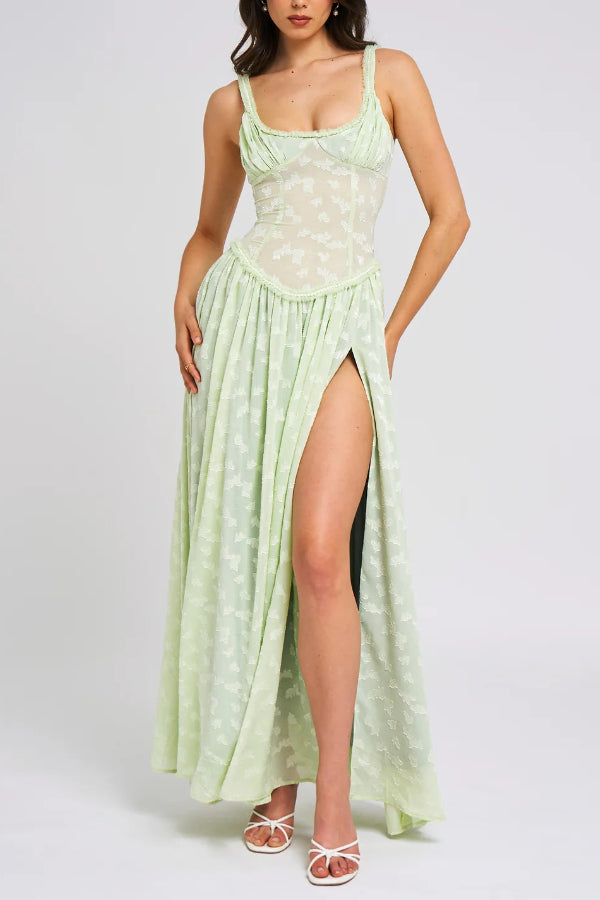 Ulissa Light Green Square Neck Jacquard Textured High Slit Maxi Dress