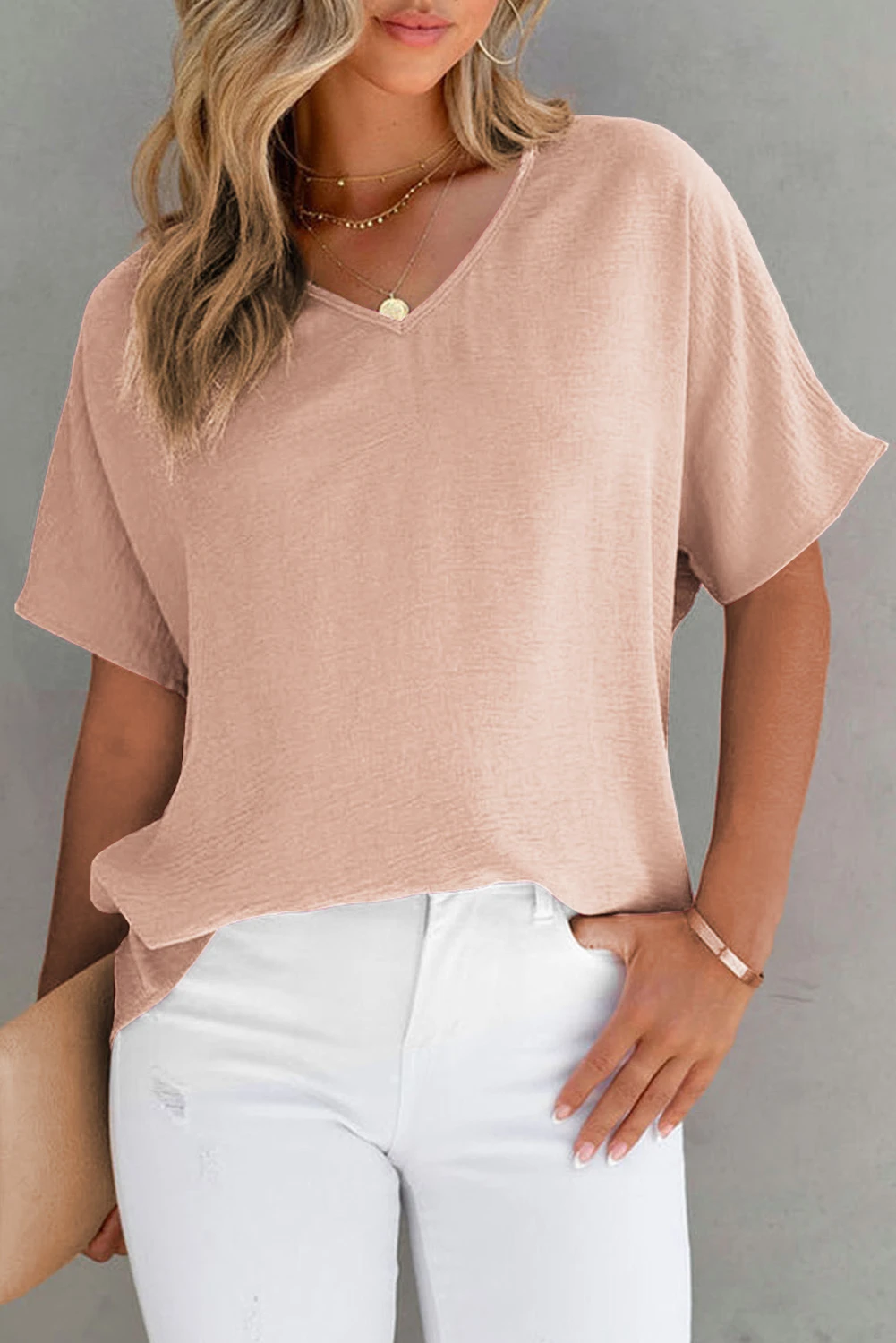 Solid Color V Neck Short Sleeve Blouse