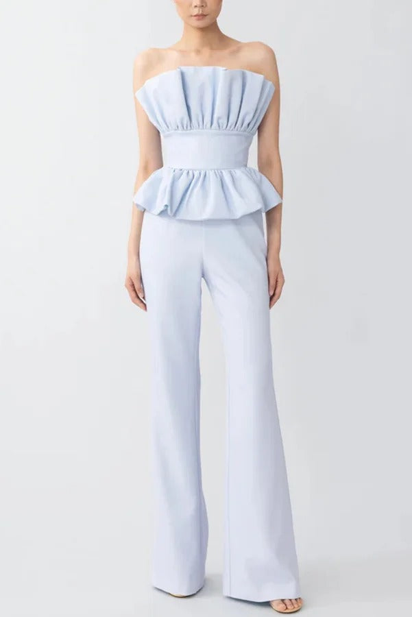 Every Occasion Crepe Panel Ruffles Strapless Top and High Rise Pocketed Flare Pants Set