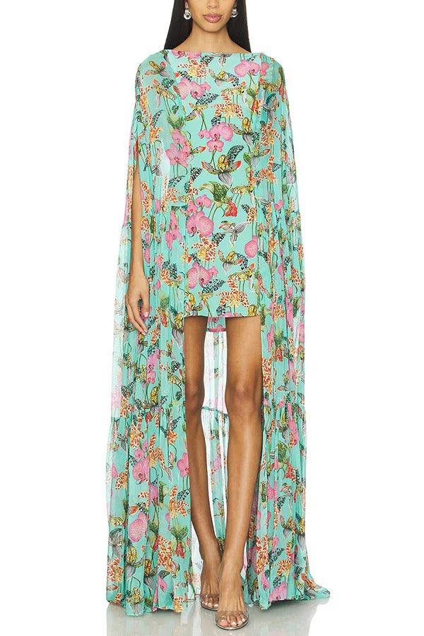 Garden Party Contrast Floral Print High Low Cape Maxi Dress