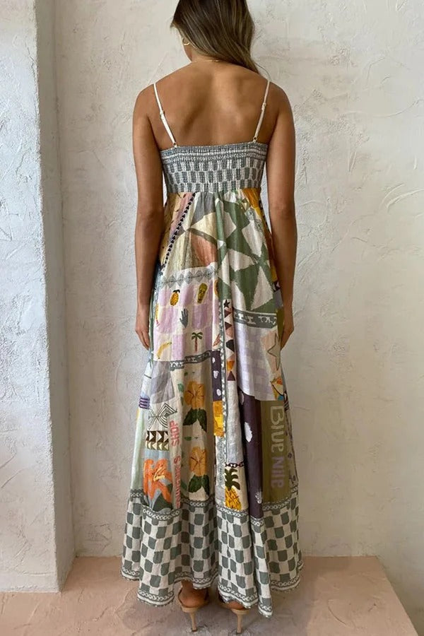 Wonderful Weekend Linen Blend Unique Print Smocked Back Pocketed Midi Dress