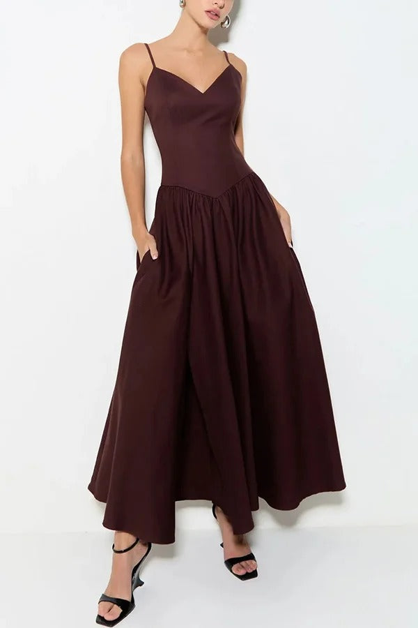 Sofie Back Smocked Pocketed High Waist Umbrella Slip Midi Dress