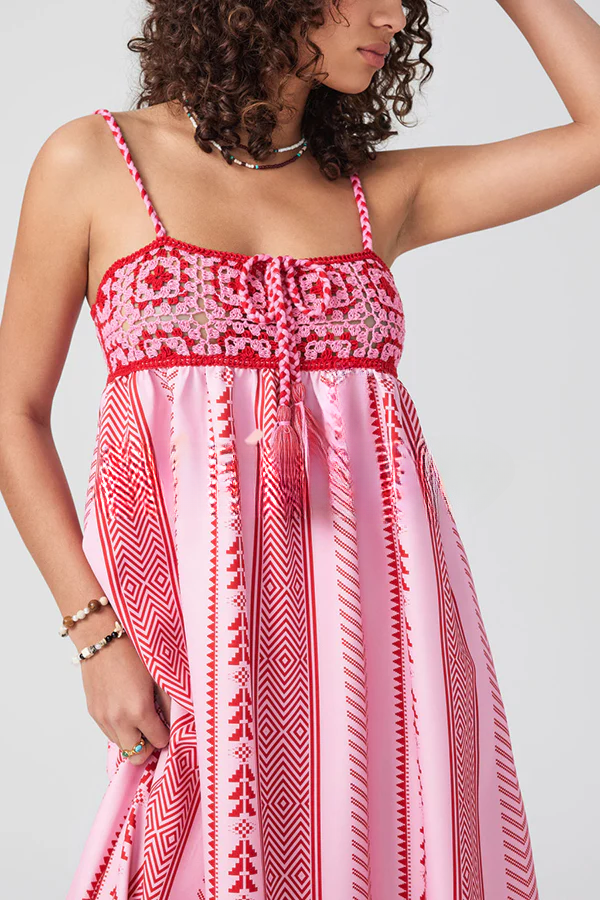 Unique Printed Patchwork Fringed Lace-up Maxi Dress