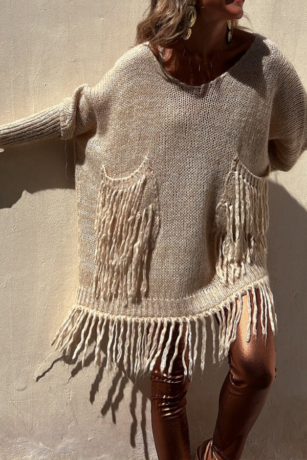 Coming with You Knit Tassel Trim Pocketed Loose Sweater