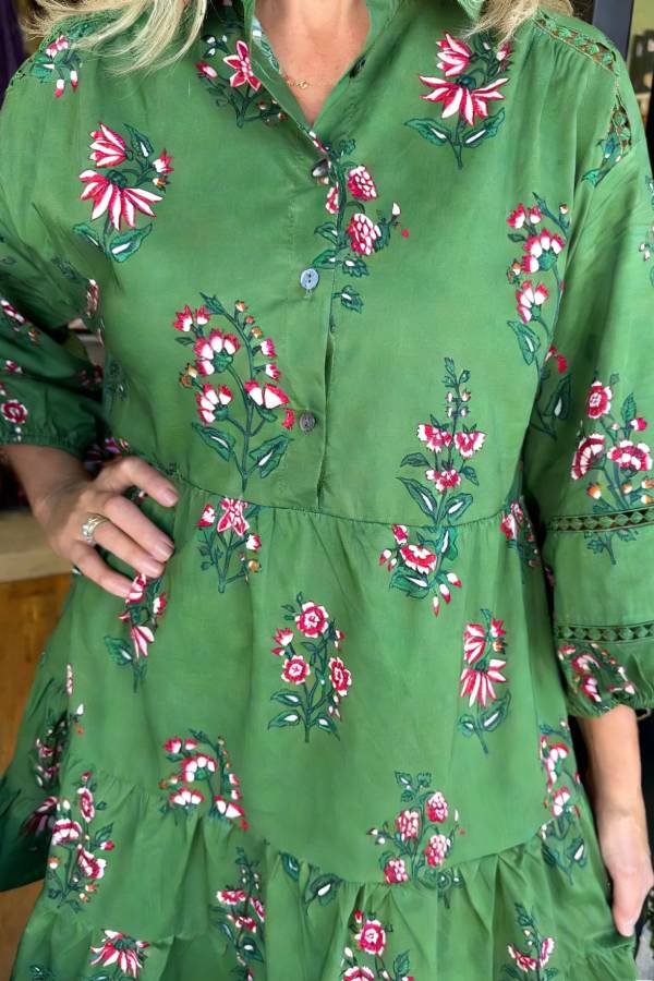 Dark Green Floral Print Collared Shirt Dress