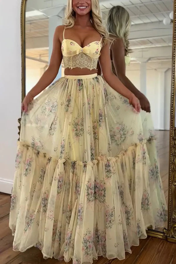 Vita Floral Satin Bow Lace Back Lace-up Crop Tank and Tulle High Rise A-line Maxi Skirt Set