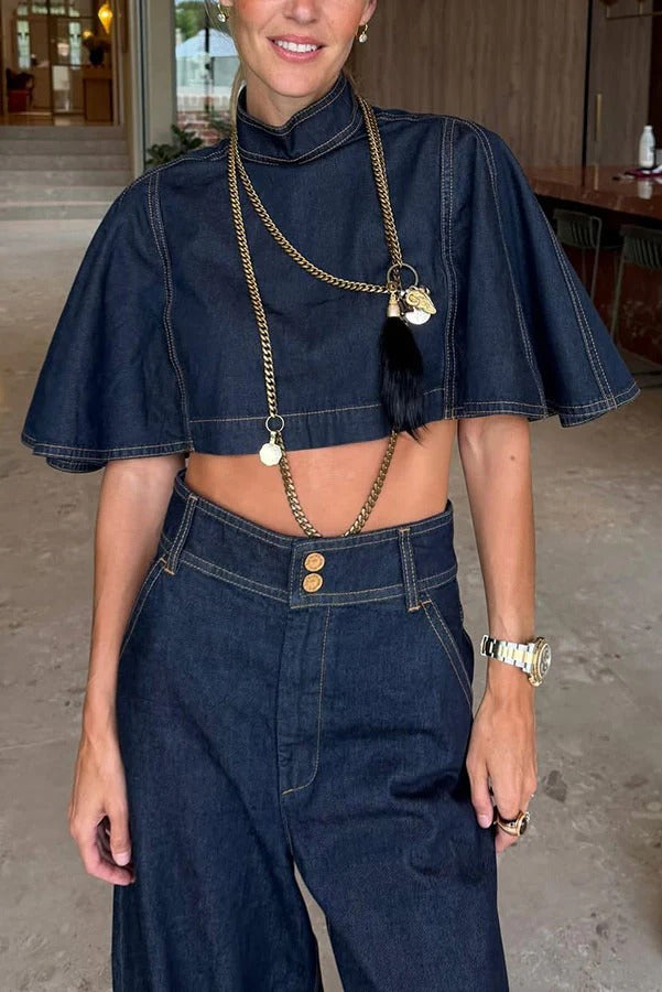 Next Vacation Denim Mock Neck Short Flutter Sleeves Crop Top