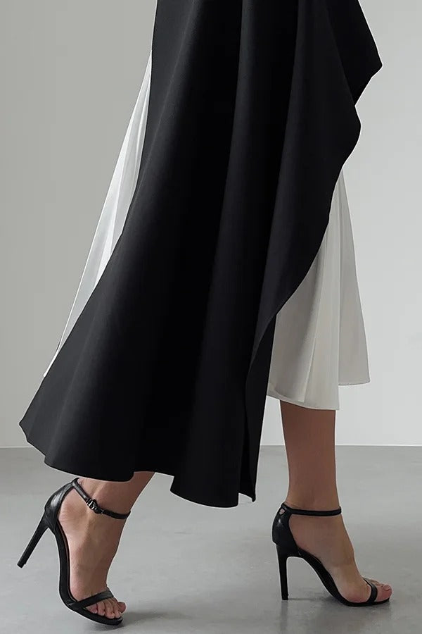 Calm and Elegant Pleated Patchwork Irregular Hem A-line Midi Dress