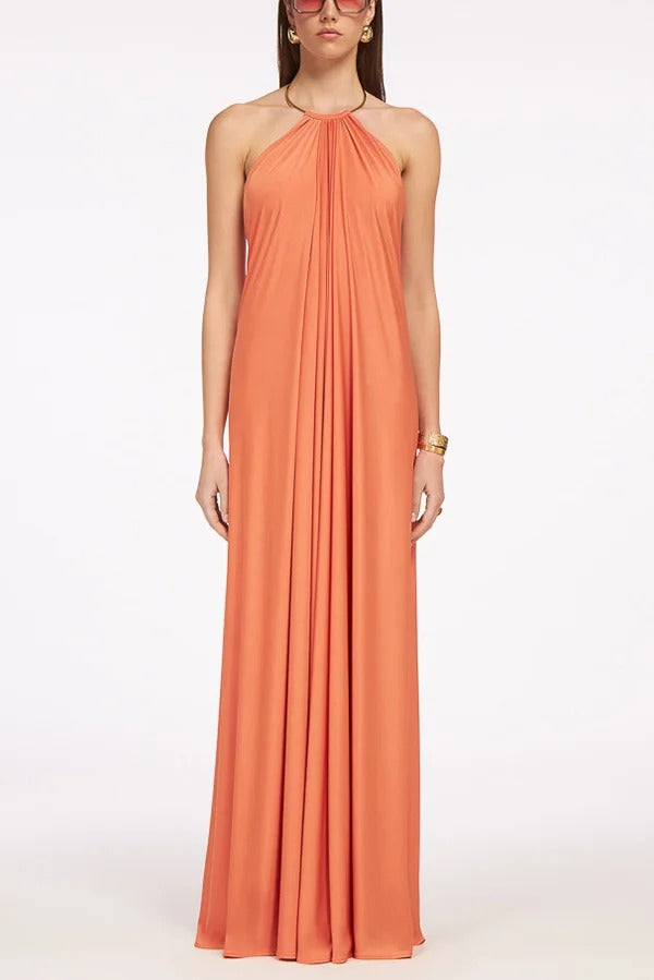 Solid Color Resort Style Halter Neck Open Back Large Hem Maxi Dress