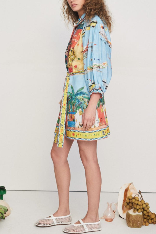 Linen Blend Unique Print Balloon Sleeve Belted Pocket Shirt Mini Dress