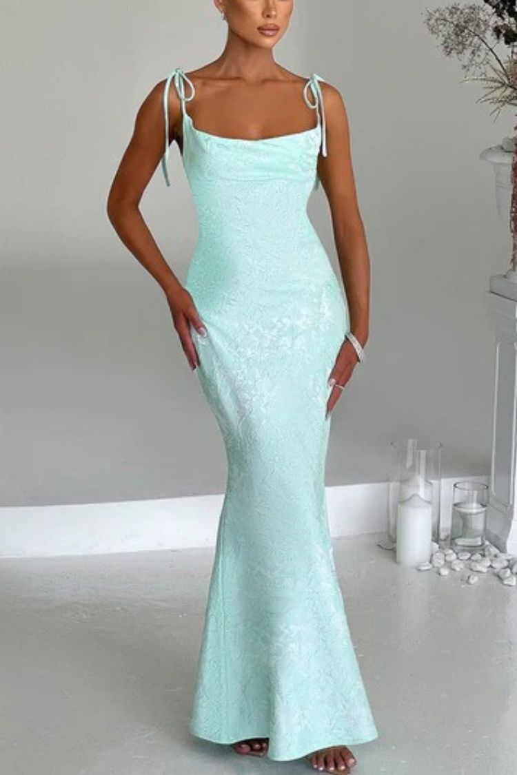 Jacquard Fabric Elegant Suspender Tie Slim Fishtail Maxi Dress