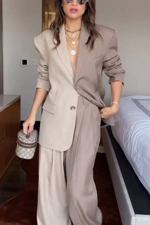 Girl Boss Avant-garde Contrast Colors Lapel Boyfriend Blazer and Pocketed Wide Leg Pants Set