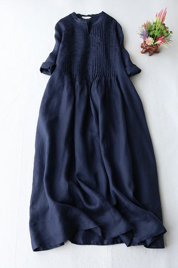 Elegant Pleated Loose Cotton Linen Dress