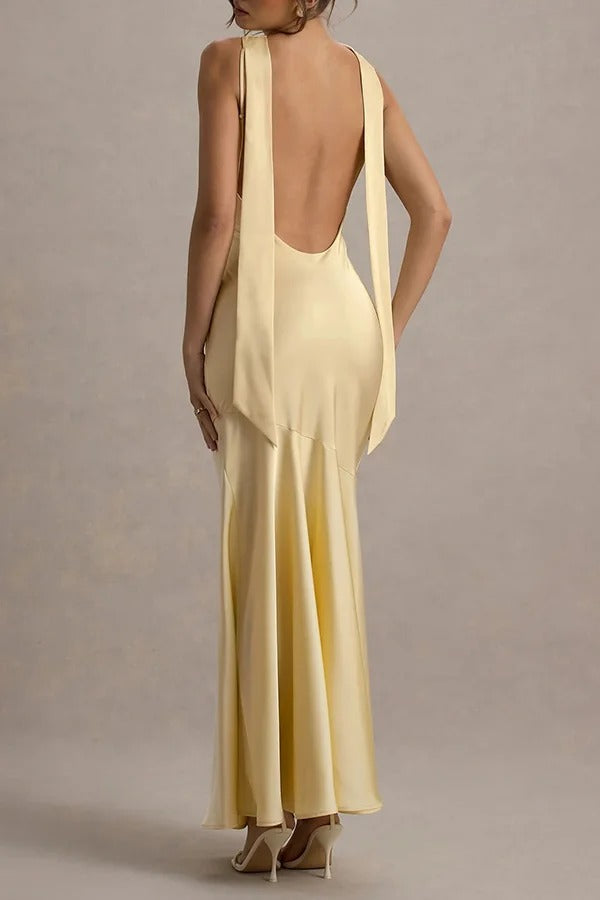 Timeless Sophistication Satin Cowl Detail Back Self-tie Halter Neck Maxi Dress