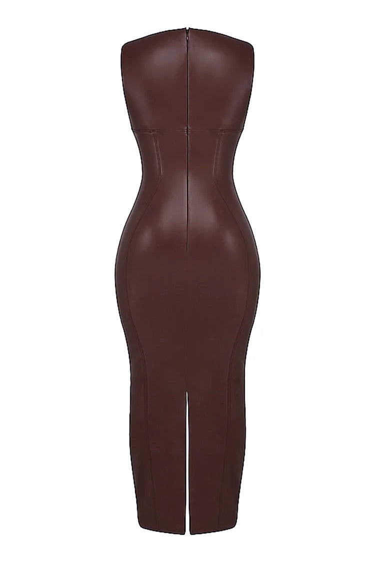 Faux Leather Bodycon Maxi Tank Dresses-Brown