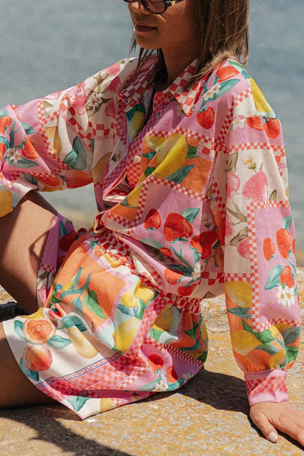 Leisurely Outings Summer Fruit Print Loose Long Sleeve Shirt and Elastic Waist Pocket Shorts Set