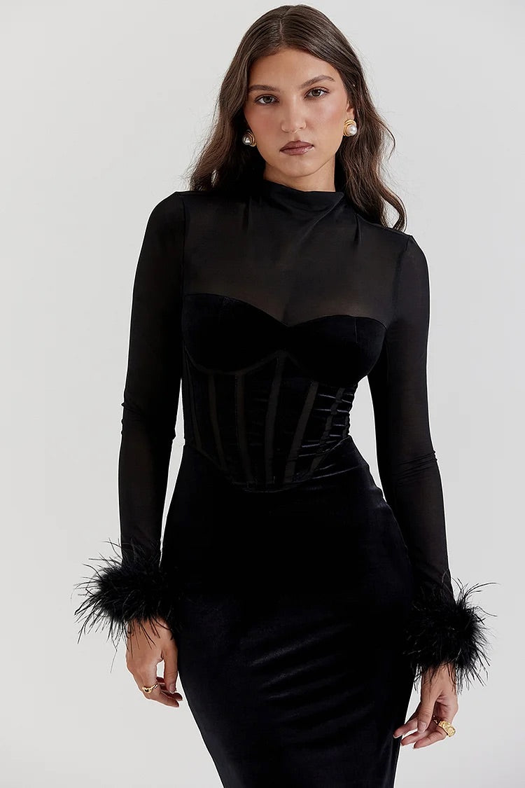 Mesh Patchwork Long Sleeve Feather Cuff Bodycon Cocktail Party Velvet Midi Dresses