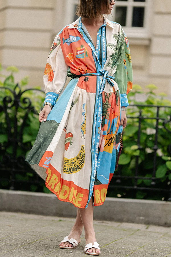 Unique Printed Lantern Sleeve Drawstring Shirt Resort Style Midi Dress