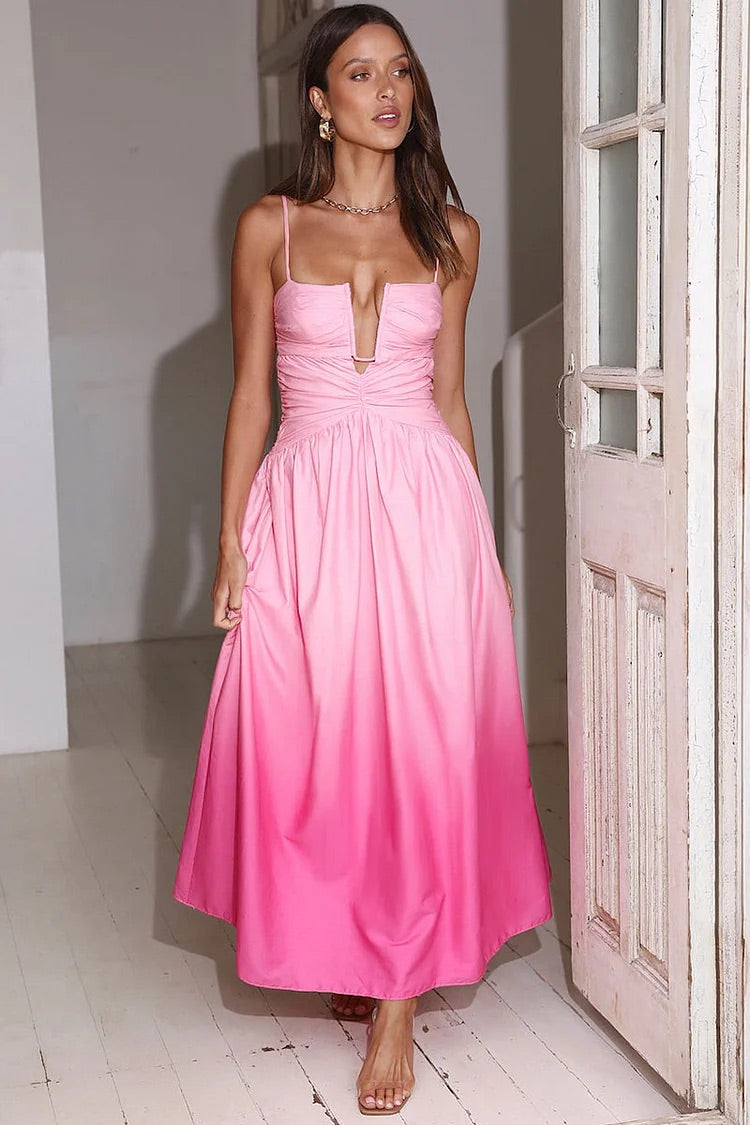 Gradient Color V Neck Backless Prom Slip Maxi Dresses