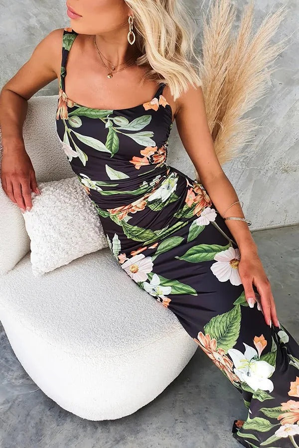 Enslee Floral Print Scoop Neckline Ruched Stretch Maxi Dress