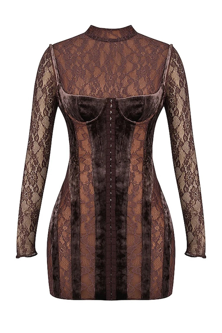 Velvet Patchwork Embroidery See Through Long Sleeve Bodycon Mini Dresses-Brown