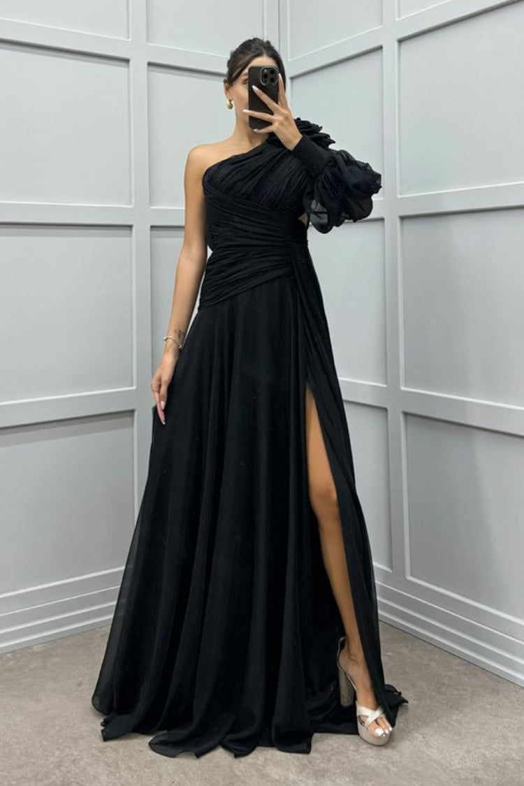 One Sleeve Shoulder Detail Design Evening Dress