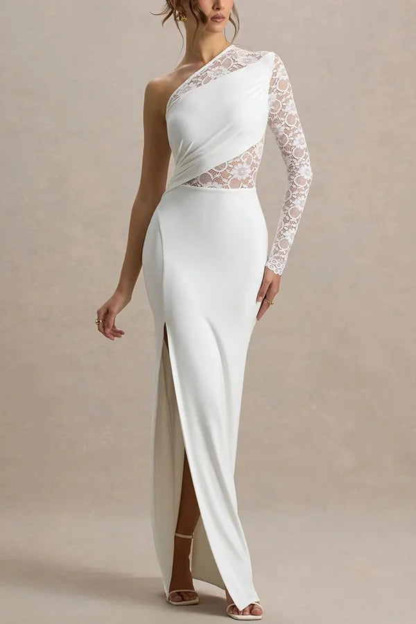 Modern Elegance Floral Lace Patchwork One Shoulder Slit Stretch Maxi Dress