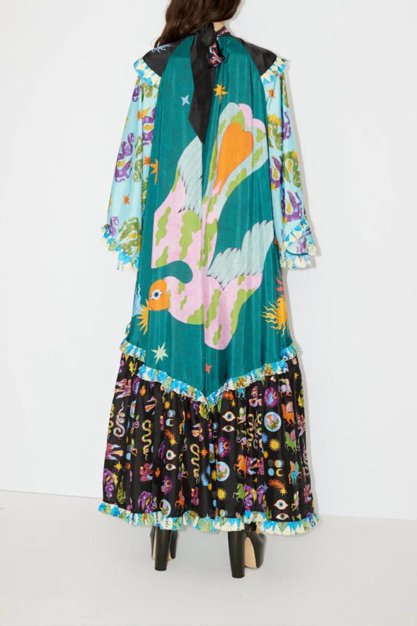 LIVING DRAMA UNIQUE PRINT CONTRAST RUFFLE TRIM BELL SLEEVE LOOSE MAXI DRESS