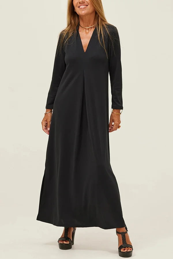 Solid Color V-neck Casual Slit Maxi Dress