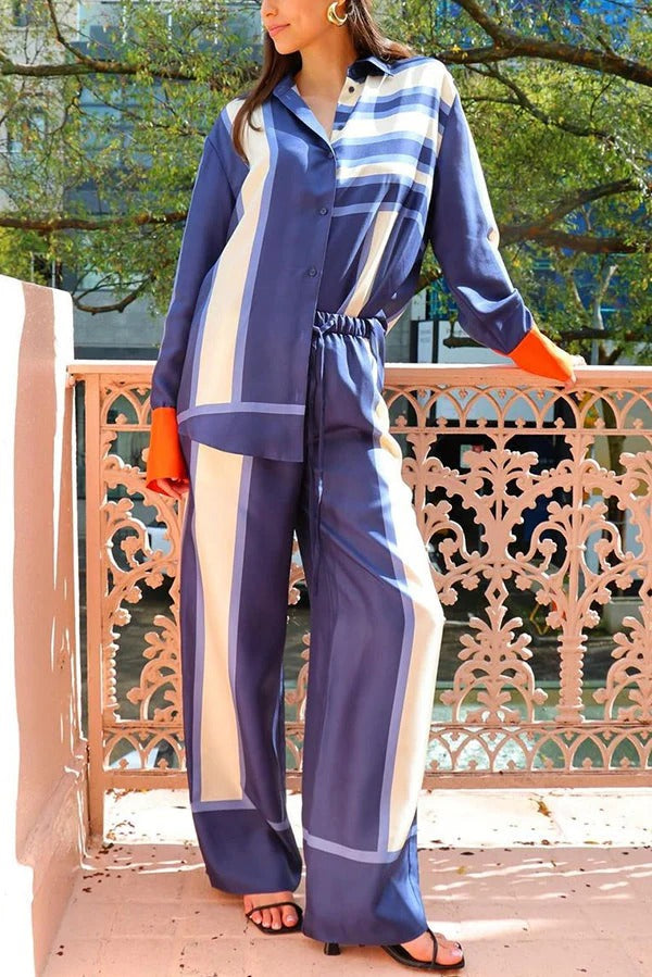 Conceptually Chic Satin Geometric Print Elastic Waist Pocketed Wide Leg Pants