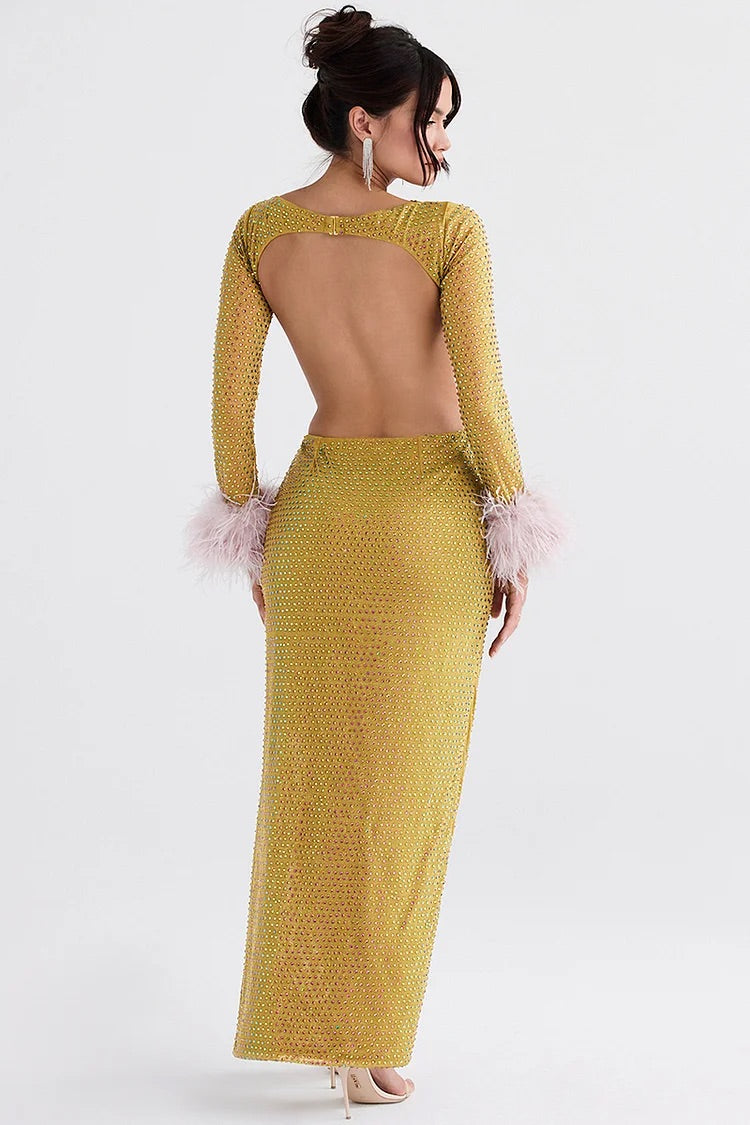 Sequins Backless Cutout Feather Cuff Slit Party Maxi Dresses