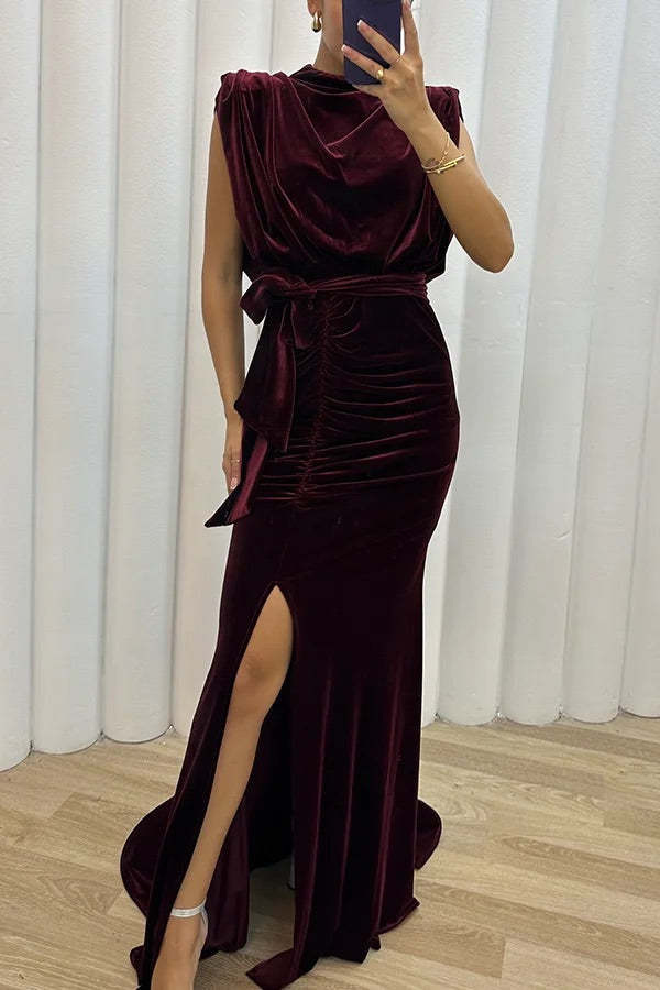 Milan Muse Velvet Padded Shoulder Ruched Belt Slit Maxi Dress