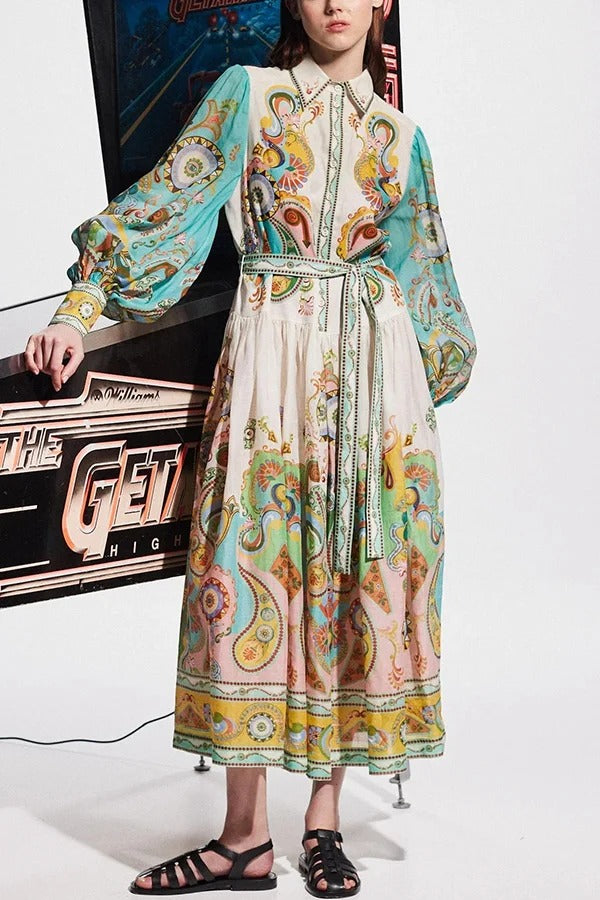 Travel Around The World Unique Print Balloon Sleeve Belt Shirt Midi Dress