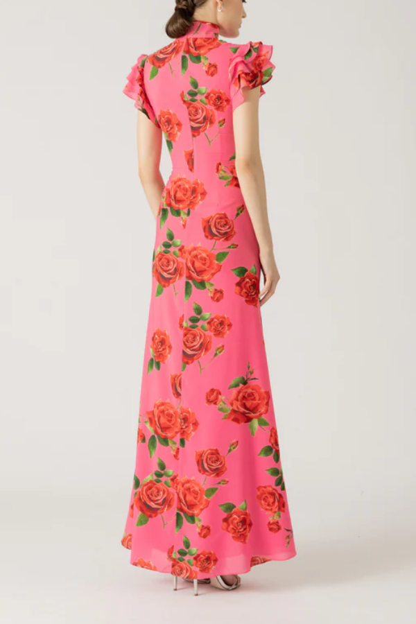 Cheongsam Style Rose Floral Print Tiered Flare Sleeve Stretch Maxi Dress